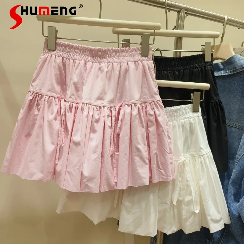 

Cute Girl Bow Bandage Bud Lantern Skirt Female 2024 Summer New Sweet Woman Elastic High Waist Solid Color Slimming Short Skirts