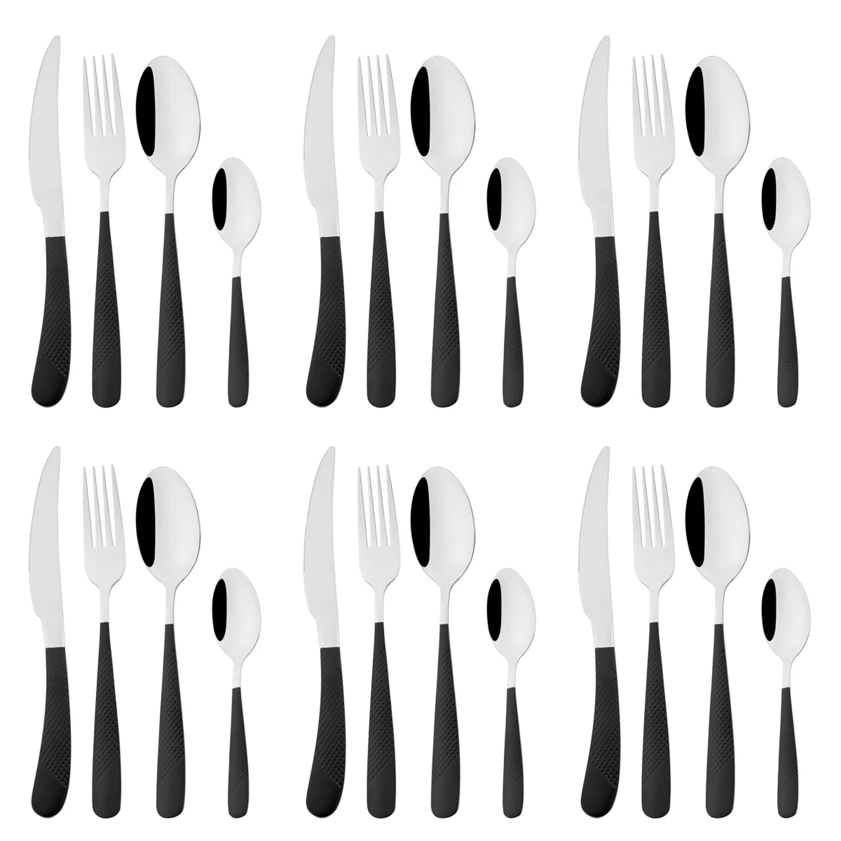 24Pcs Black Silver Dinnerware Set Stainless Steel Cutlery Set Steak Knife Forks Coffee Spoon Flatware Western Kitchen Tableware
24Pcs Black Silver Dinnerware Set Stainless Steel Cutlery Set Steak Knife Forks Coffee Spoon Flatware Western Kitchen Tableware