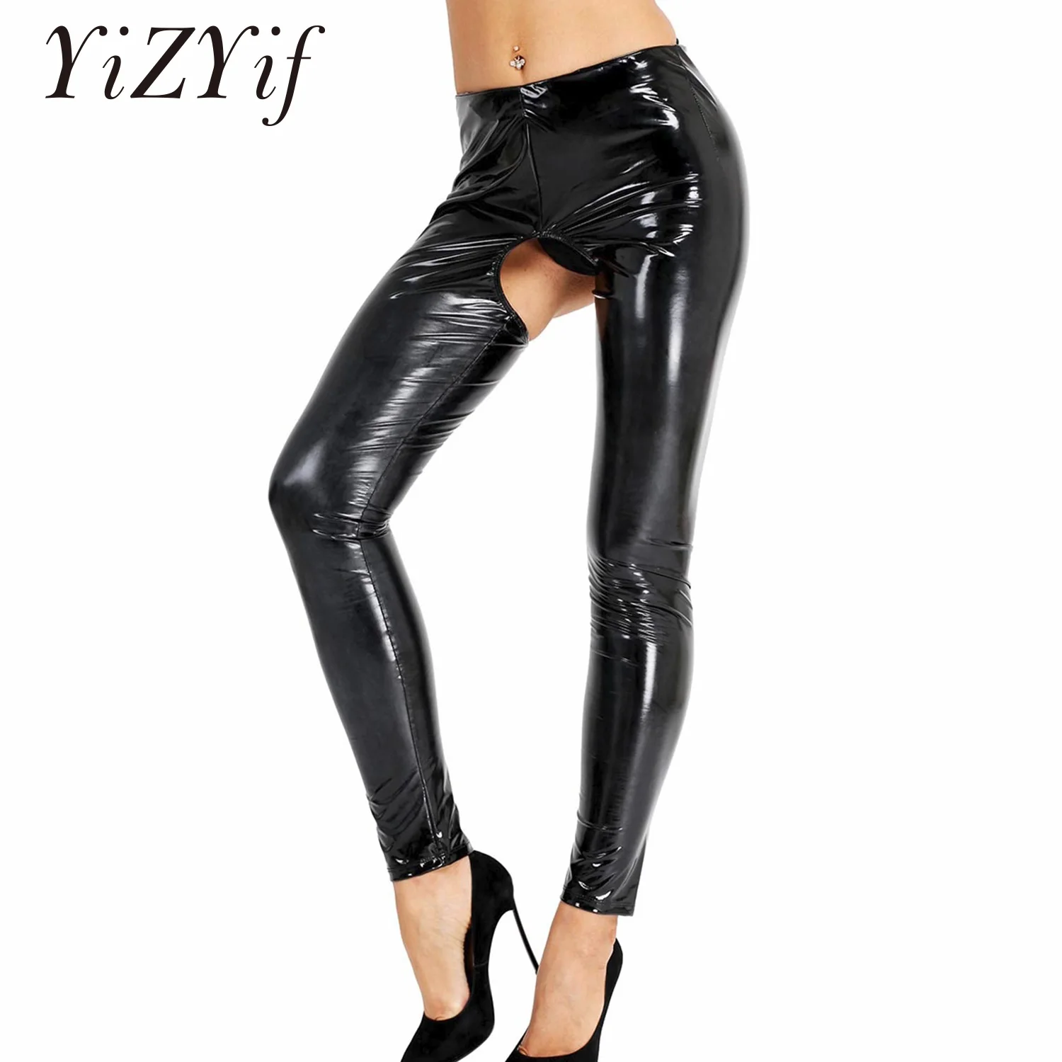 

YiZYiF Sexy Women Lingerie Wet Look Patent Leather Leggings Open Crotch And Open Butt Pants Skinny Stretchy Legging Trousers