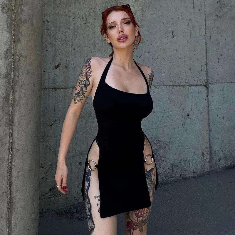Solid Color Sleeveless Halter Backless Deep Split Metal Circle Decoration Mini Dress Hottie Girls Spicy Clubwear Street
Solid Color Sleeveless Halter Backless Deep Split Metal Circle Decoration Mini Dress Hottie Girls Spicy Clubwear Street