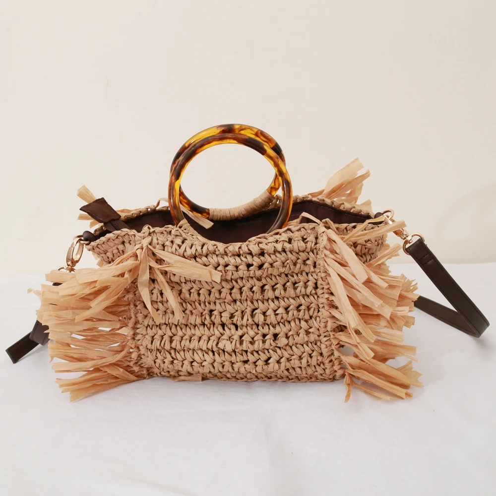 

Beach Raffia Rattan Woven Handbags for Women 2022 Tassels Amber Circle Acrylic Handle Shoulder Clutch Designer Summer Straw Bags