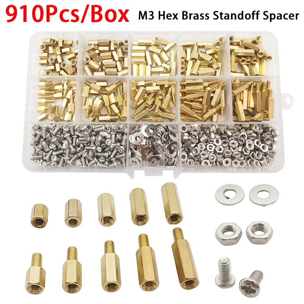910Pcs M3 PCB Motherboard Thread Standoff Pillar Male Female Hex Brass Standoff Spacer Pan Head Screw Nut Washer Assortment Kit
910Pcs M3 PCB Motherboard Thread Standoff Pillar Male Female Hex Brass Standoff Spacer Pan Head Screw Nut Washer Assortment Kit