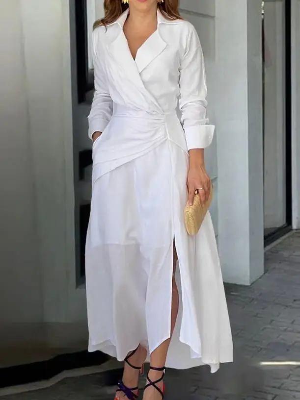 

Dresses Women 2203 Autumn Fashion Plain Long Sleeve Notched Collar Ruched Slit Asymmetrical Elegant Maxi Dress Female Clothing