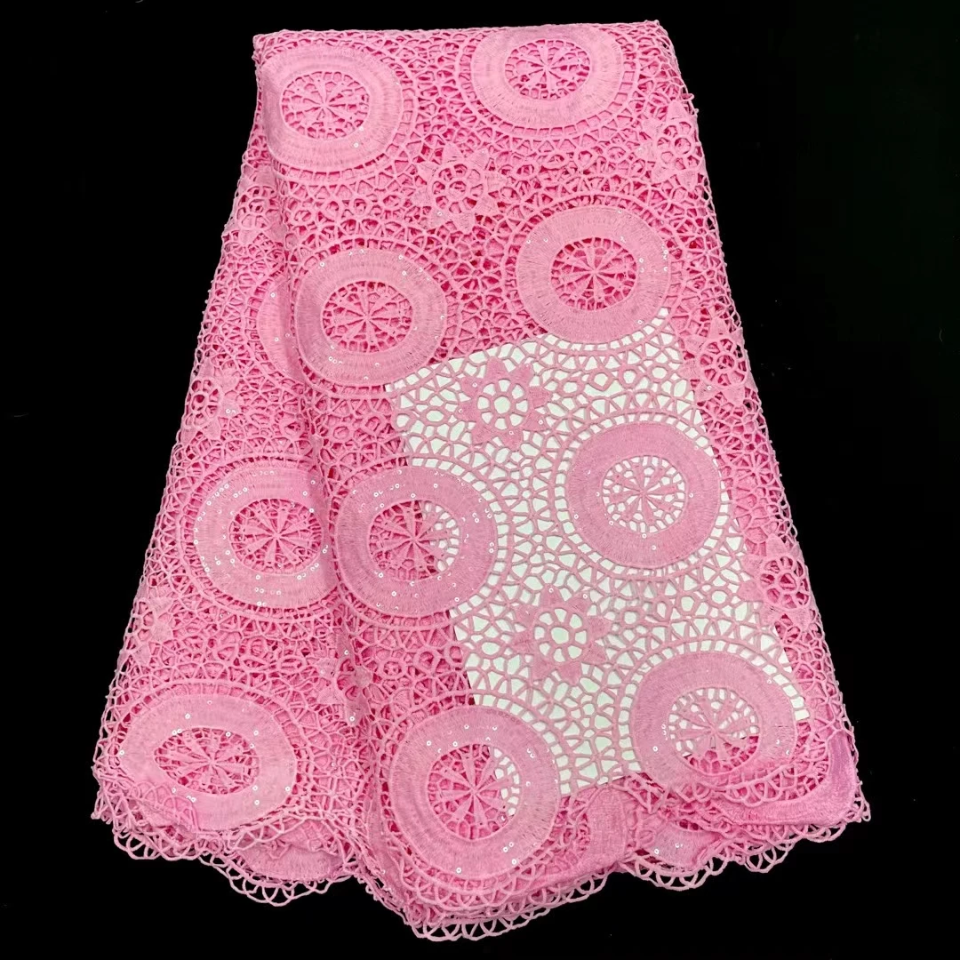 

NRFG65 Pink Color African Water Soluble Lace with Sequins,Good Looking Embroidered Milk Silk Lace Fabric for Fashion Dress!