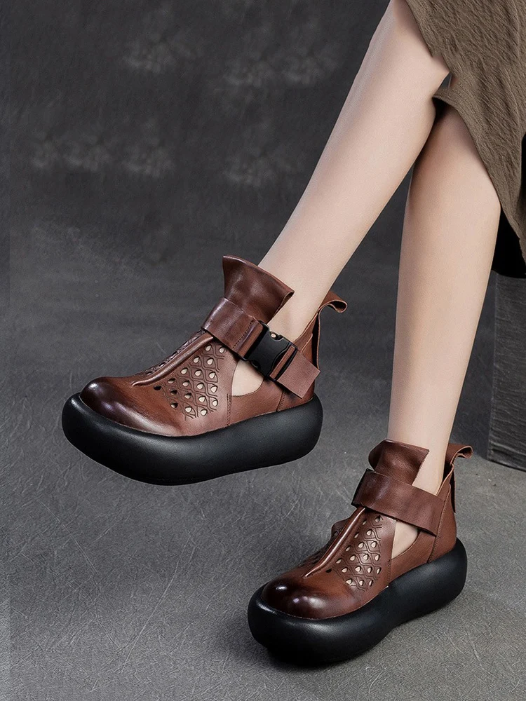 

Birkuir Summer Hollow Out Women Boots Genuine Leather Platform Shoes Luxury Buckle Thick Heel Ankle Boots Wedges High Top Shoes