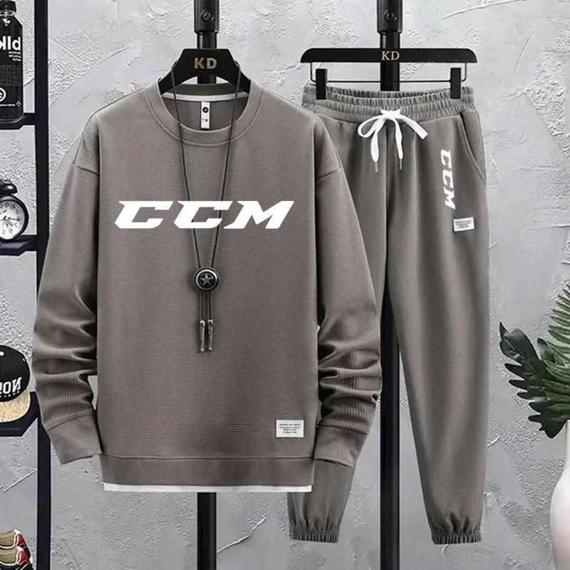 

2024 Spring Autumn New CCM Men's Two Piece Set Linen Fabric Casual Sweatshirt and Sweatpants Set Mens Suit Fashion Tracksuit