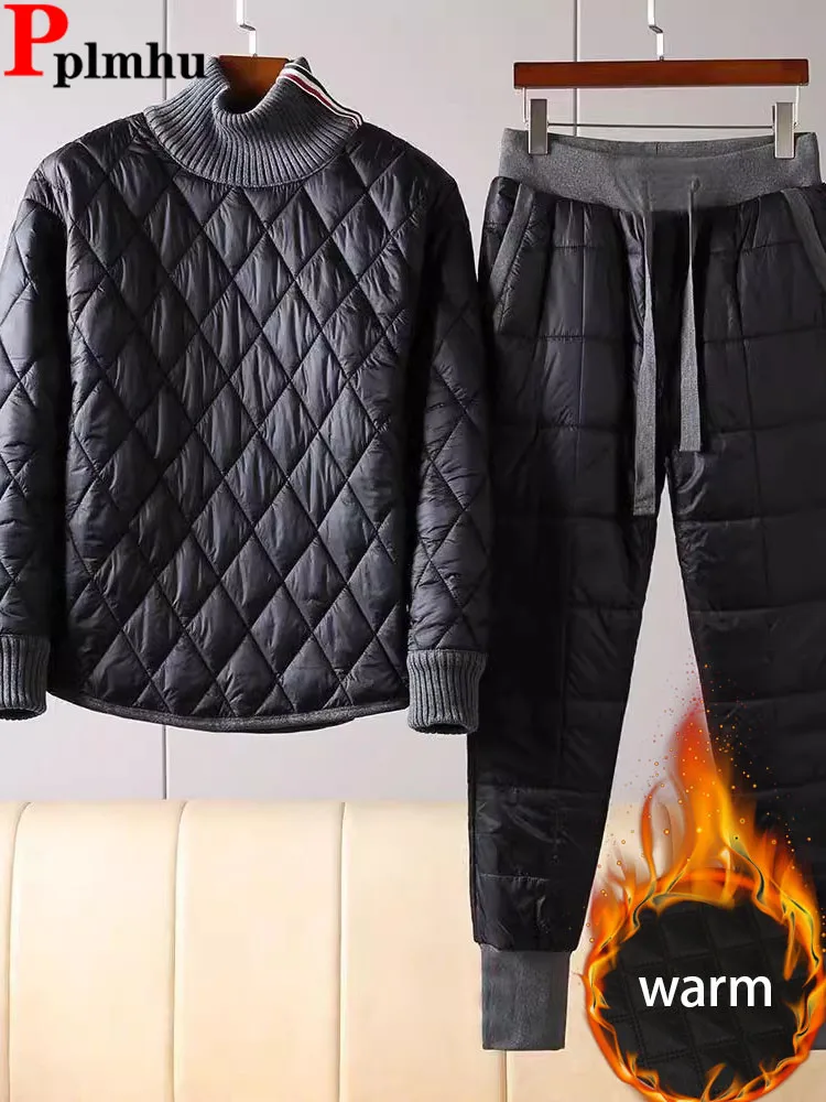 

Winter Cotton Padded 2 Pieces Sets Korean Turtleneck Thicken Sweatshirts Tops Conjuntos High Waist Warm Harem Jogger Pants Suits
