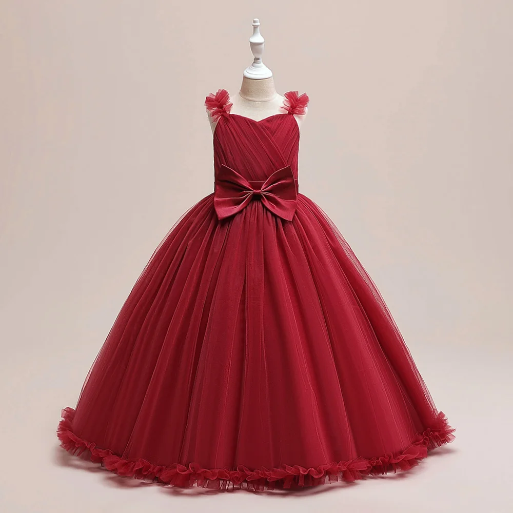 

Red Christmas Party Tulle Princess Dresses For Girl Elegant Kids Bow Birthday Wedding Prom Gown Teens Puffy Clothes Evening Gown