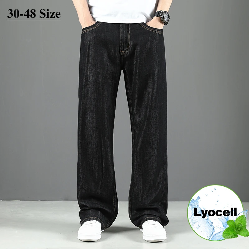 

Lyocell Jeans Men's Summer Thin Section Baggy Straight Drape Casual Trousers Classic Black Denim Pants Plus Size 42 44 46 48