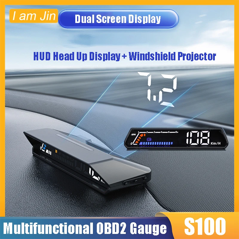 

S100 OBD Gauge Hud Head Up Display + Windshield Projector Dual Dislay Screen Car Digital Speedometer RPM Hud OBD2 Display Meter