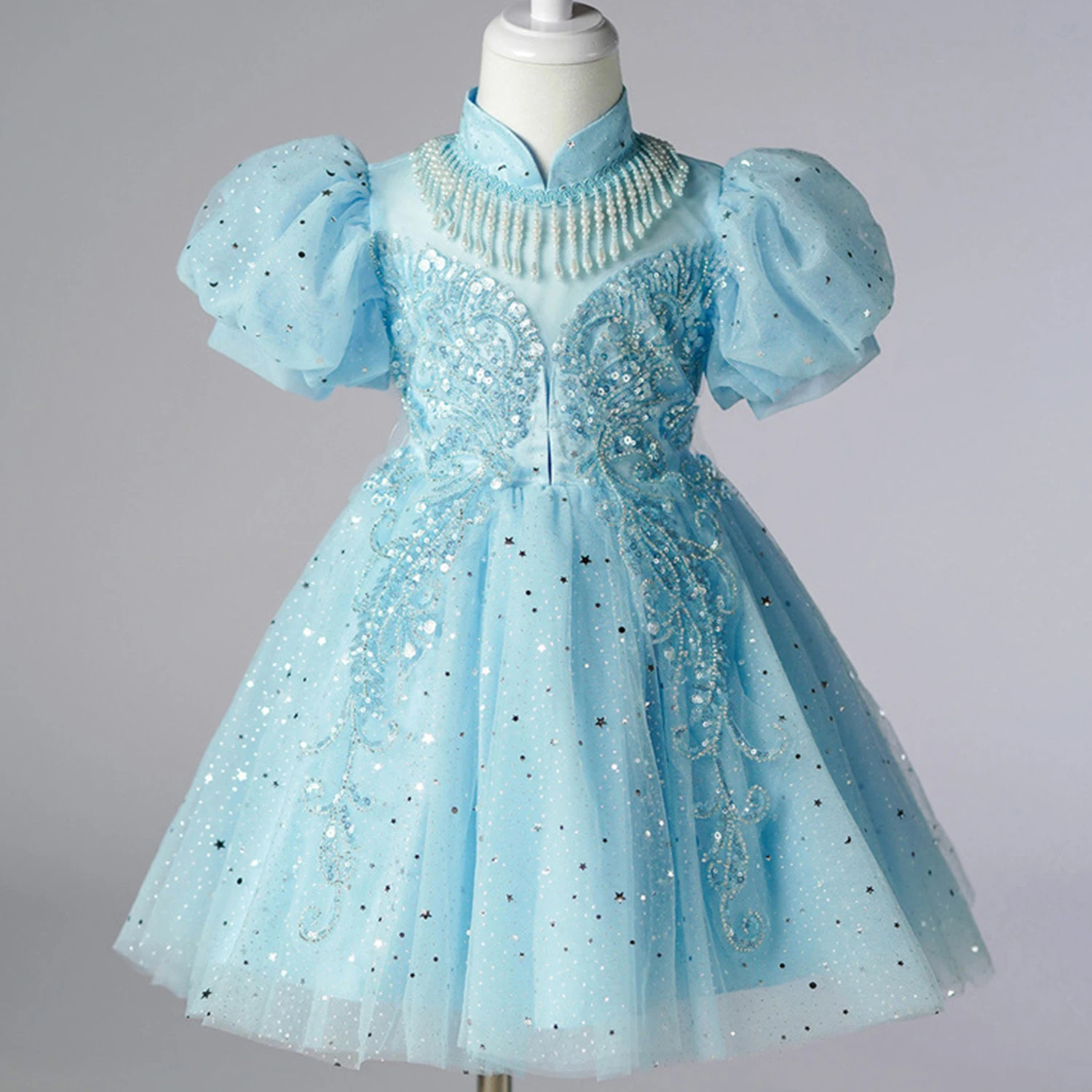 

Блестящее потрясающее платье для маленьких девочек с высокой горловиной и вышивкой из бисера с цветами для девочек на день рождения торжественное Пышное Платье
