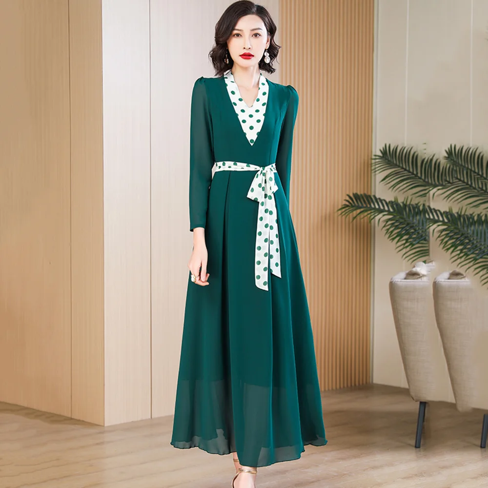 

Women Dark Green Dot Patchwork Chiffon Dress Summer New Fashion V-Neck Long Sleeve Lace-up Elegant Flowing Slim Long Dress