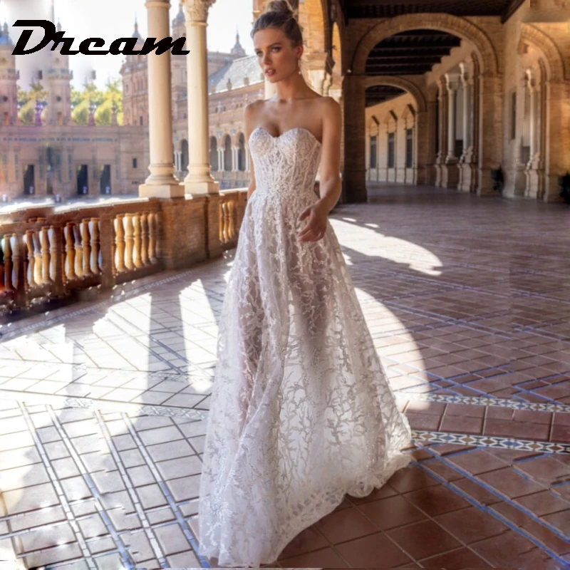 

DREAM 2022 Shiny Tulle Sleeveless Strapless Boho Wedding Dress A Line Sweetheart Appliques Bridal Gowns Sweep Train