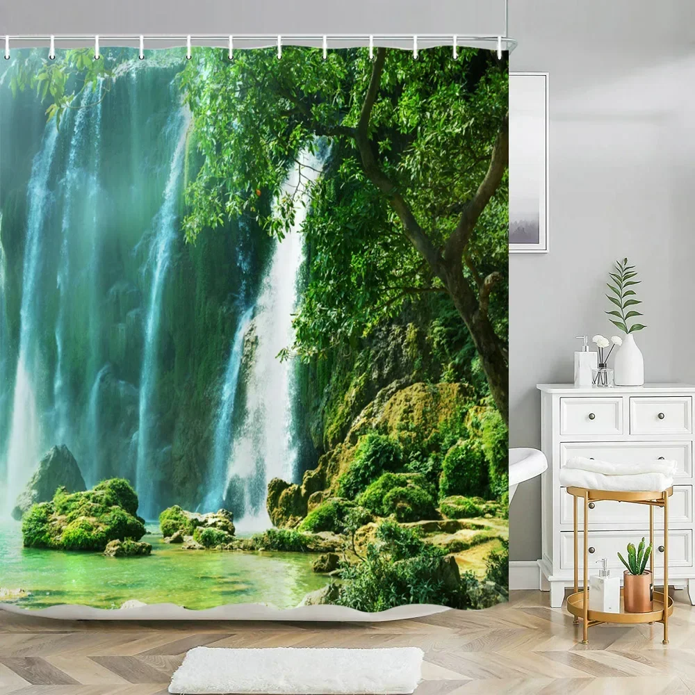 

Forest Waterfall Landscape Shower Curtain Outdoor Garden Poster Tropical Plants LandscapePolyester Shower Curtain Bathroom Decor