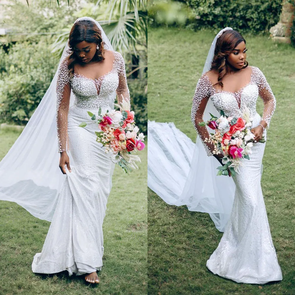 Pearls African Black Girls Wedding Dress Sheer Neck Jewel Mermaid Bridal Gowns Custom Made Sequined Vestido de novia
Pearls African Black Girls Wedding Dress Sheer Neck Jewel Mermaid Bridal Gowns Custom Made Sequined Vestido de novia