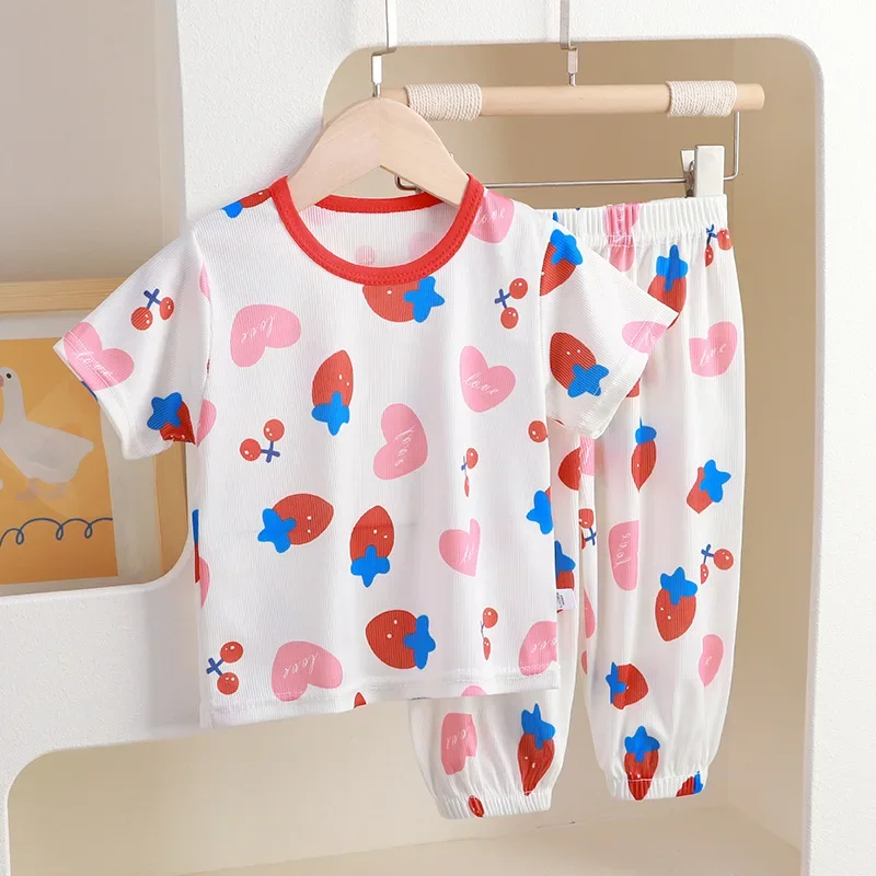 

New 2024 Boys Girls Cute Cartoon Short Sleeve T-Shirt Tops + Pants Kids Summer Thin Clothing Sets Baby Casual Pajamas Loungewear