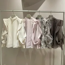 2022 Early Spring New Women Tops Elegant Sweet Blouses Stand Collar Ruffled Long Sleeve Back Bowknot Lace Up Shirts 
2022 Early Spring New Women Tops Elegant Sweet Blouses Stand Collar Ruffled Long Sleeve Back Bowknot Lace Up Shirts