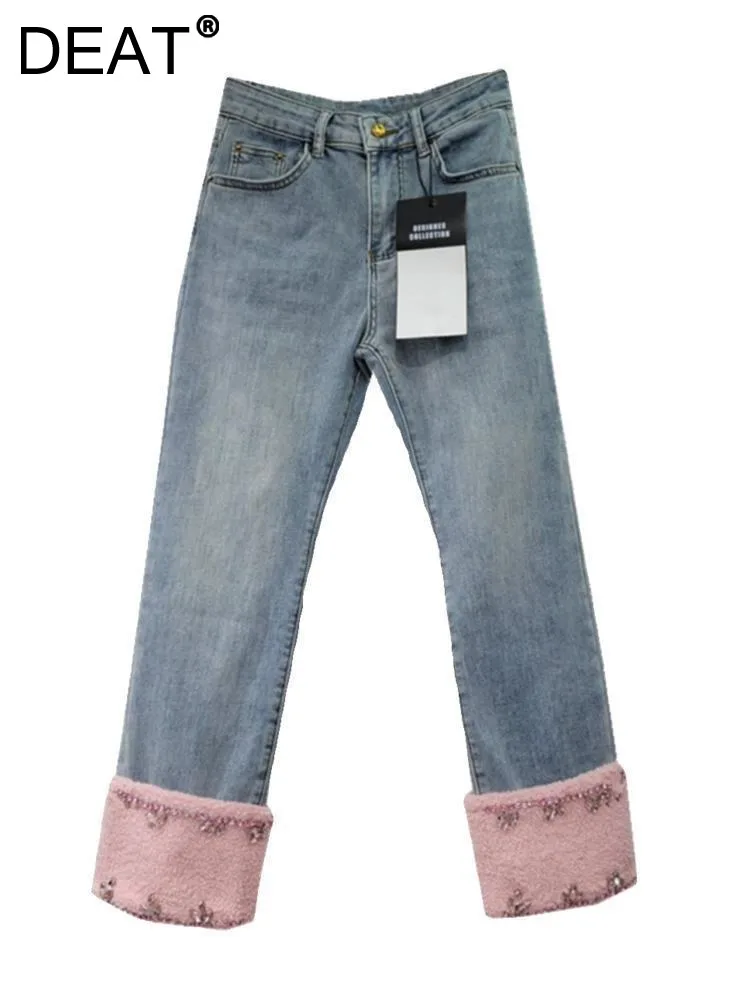 

DEAT Women's Jeans High Waist Slim Spliced Lamb Wool Diamond Cuffs Straight Denim Ankle-Length Pants 2024 Spring New Fashion