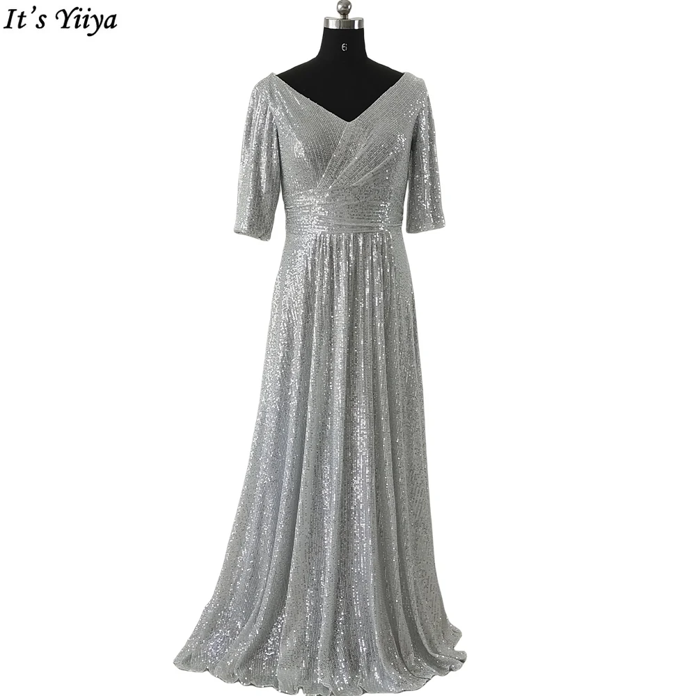 

It's Yiiya V-neck Sequined Evening Dresses K004 Sparkle Half Sleeve Pleat A-Line Robe De Soiree Ruched Plus Size Evening Gown