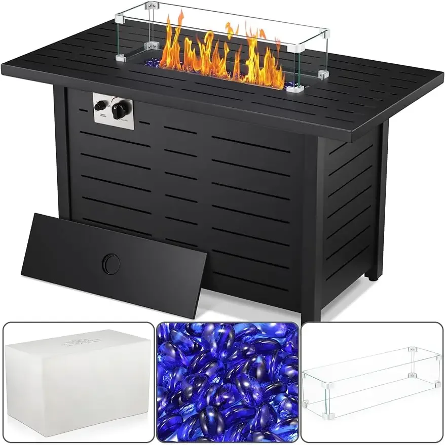 

Xbeauty Fire Pit Propane Gas Table 43" Outdoor Rectangular Tabletop with Lid, Rain Cover, Tempered Glass Wind
