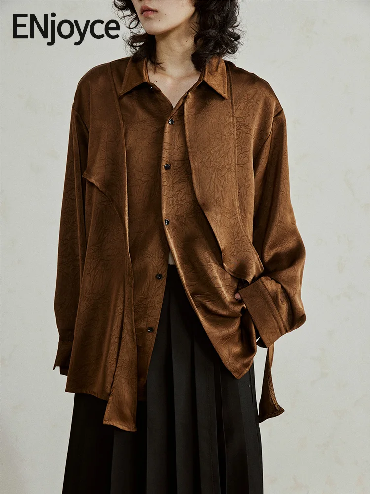 

2024 Spring Women Vintage Irregular Satin Shirts Y2K Streetwear Dark style Niche Design Loose Blouses Long Sleeve Top