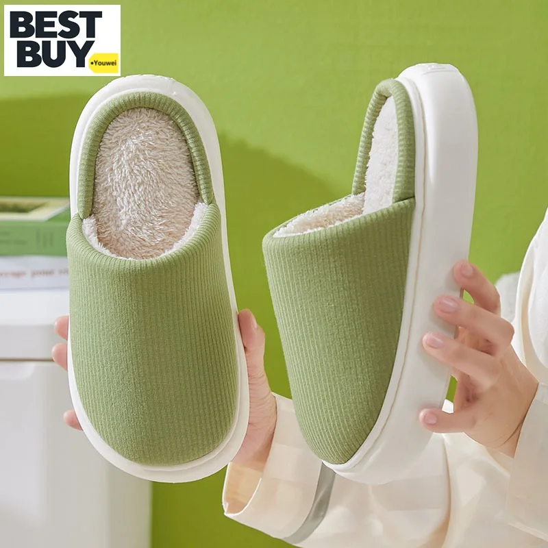 

Simple solid color comfortable knitted fabric couple latex home cotton drag can wear thick sole cotton slippers