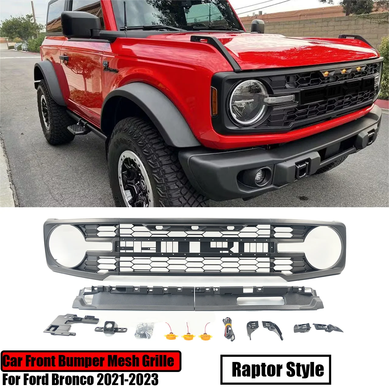 

Car Front Upper Bumper Mesh Grille Grill With Raptor Lights Amber LED For Ford Bronco 2021-2023 Glossy/Matte Black Carbon Style