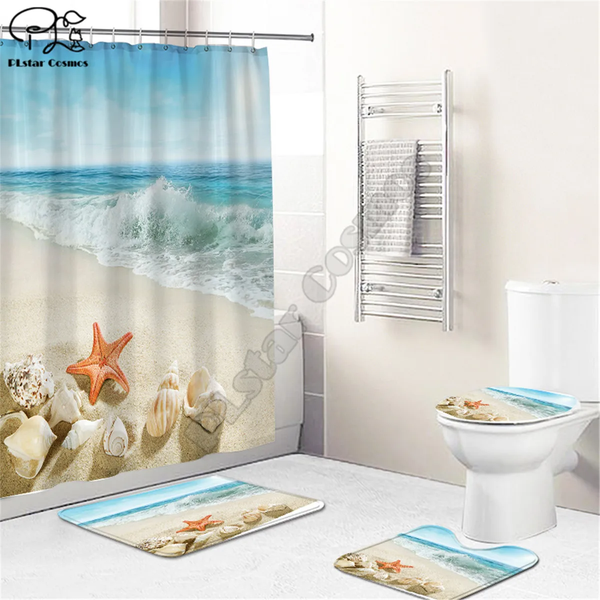 

Beach Starfish Bathroom Set Together Shower Curtain Rug Set Bathroom Mats Rugs Toilet Decor Mat 3D Printed