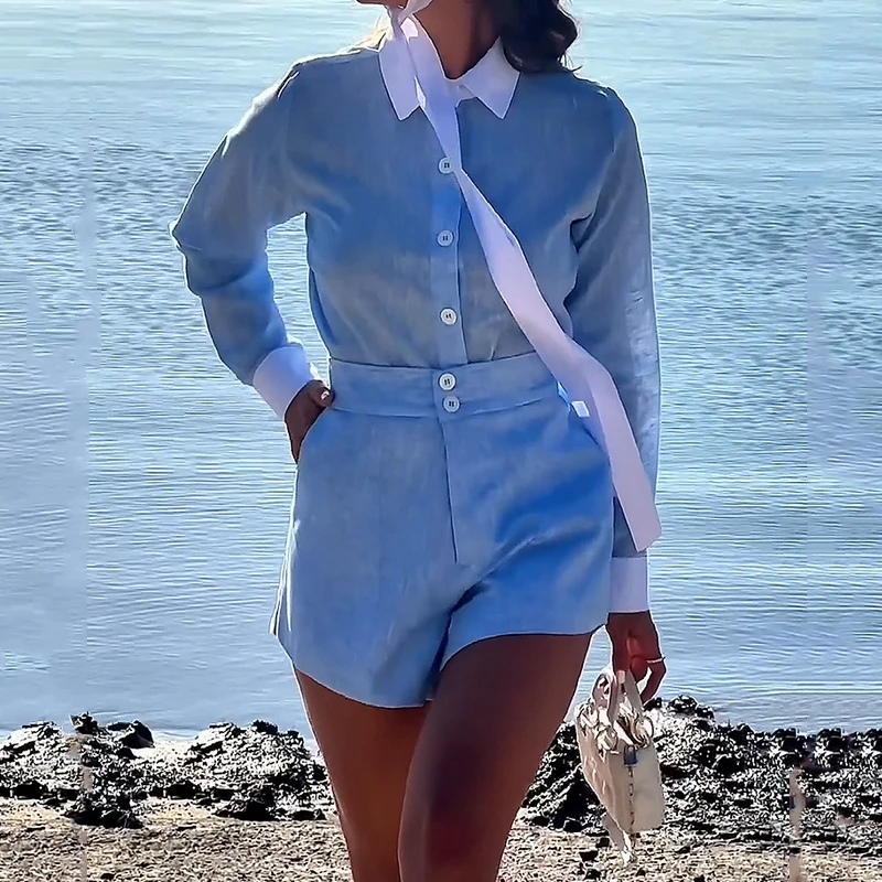 LIYONG Two Piece Set Women Office Patchwork Long Sleeve Laple Single Breasted Button Shirt Top Shorts With Pockets Pants Sets
LIYONG Two Piece Set Women Office Patchwork Long Sleeve Laple Single Breasted Button Shirt Top Shorts With Pockets Pants Sets