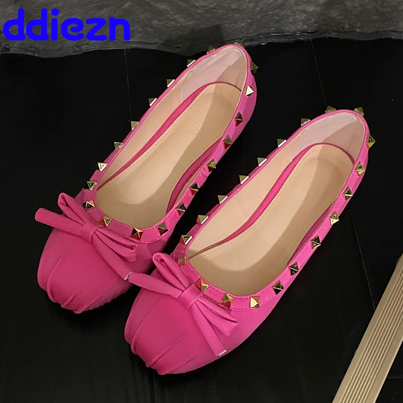 

Dance Lolita Style Women Rivet Shoes Slides Footwear Female Round Toe Butterfly-Knot Fashion Silk Ladies Ballet Flats Shoes