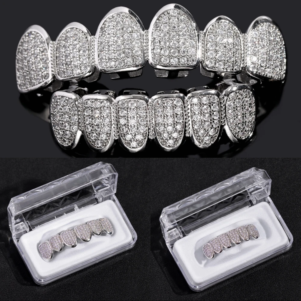 

Hip Hop Cubic Zircon Teeth Grillz Men Women Bling Iced Out Gold Silver Color Top&Bottom Tooth Grills Set Cosplay Party Jewelry