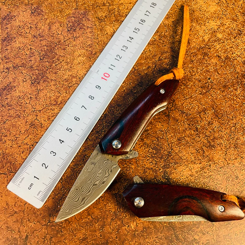 

Карманный складной нож из дамасской стали с твердостью 61HRC, ручка из сандалового дерева для самообороны, Походный нож для выживания, инструмент для повседневного использования
