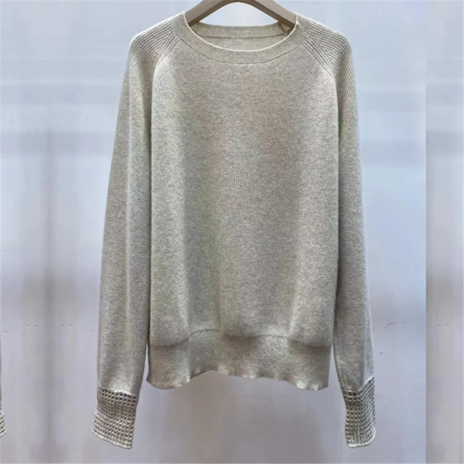 

Brun*Cu Cashmere English Rib Knit Sweater With Dazzling Net Cuffs 2023 Autumn New Pullovers Relaxed Volums Women's Sweater.