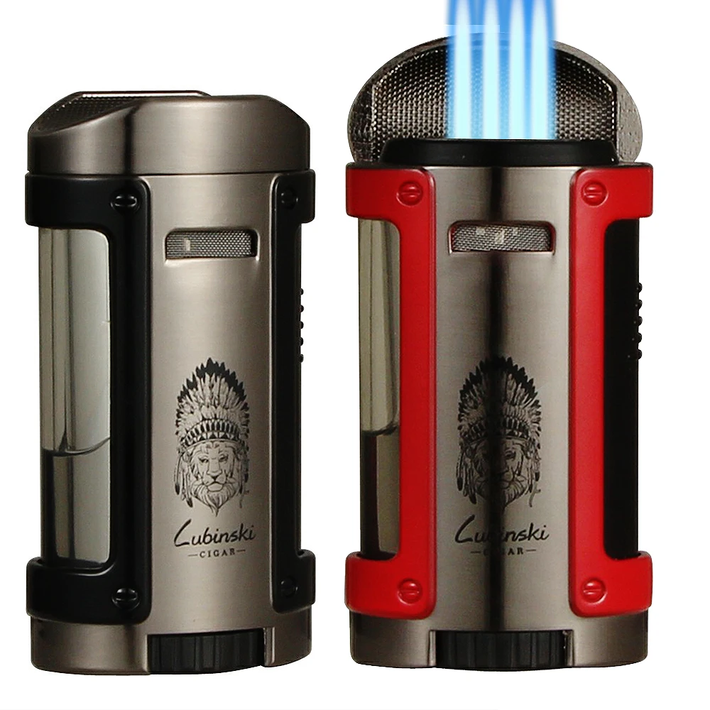 

LUBINSKI Lighter Butane Torch 4 Torch Gas Jet Cigar Lighters Smoking Ignition Tool With Cigar Holder Cover