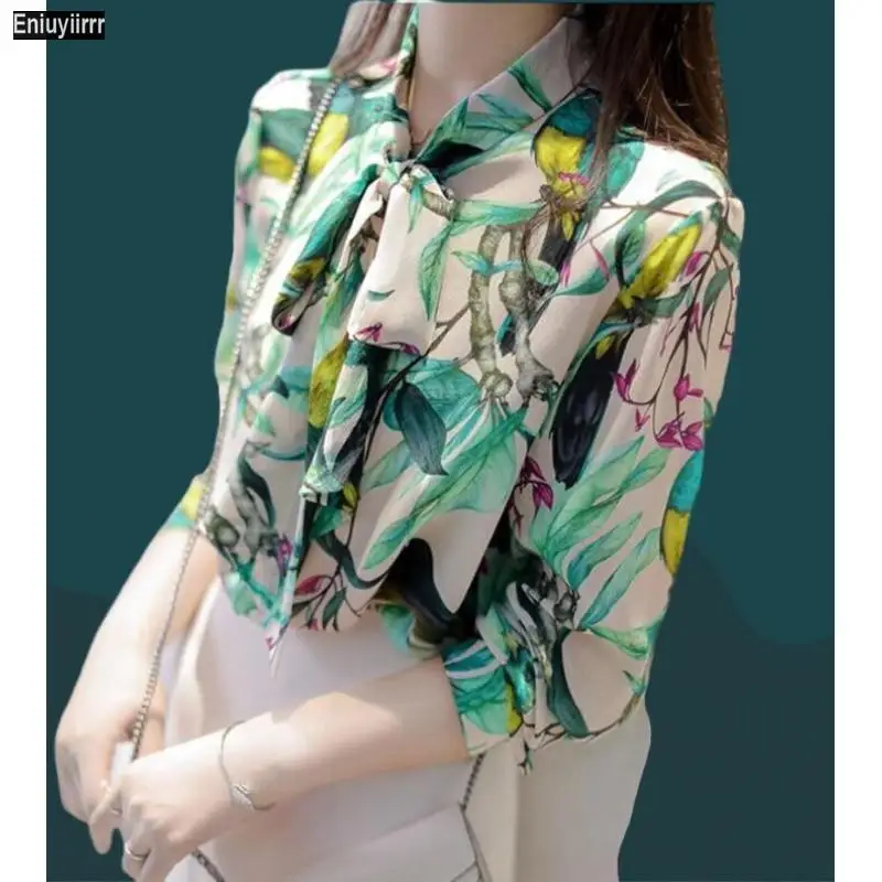 

Женская Офисная рубашка на пуговицах, элегантная повседневная блузка с длинным рукавом и принтом, топы и блузки с бантом на завязках для осени, 2023