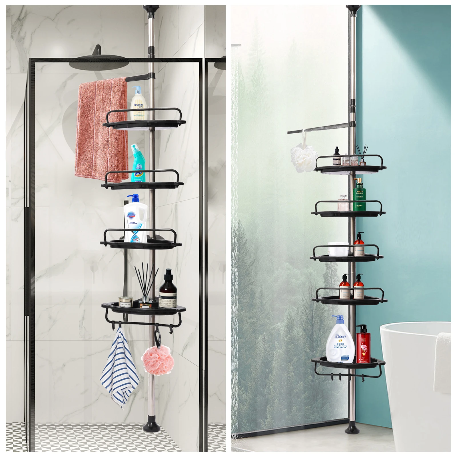 

4-tier/5-tier Bathroom Adjustable Shelves with Tension Pole,Rustproof Shower Corner,Bathtub Storage Organizer Height-Adjustable