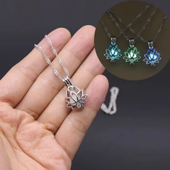 Luminous Glowing In The Dark Moon Lotus Flower Shaped Pendant Light in the Night Necklace For Women Yoga Prayer Buddhism Hollow