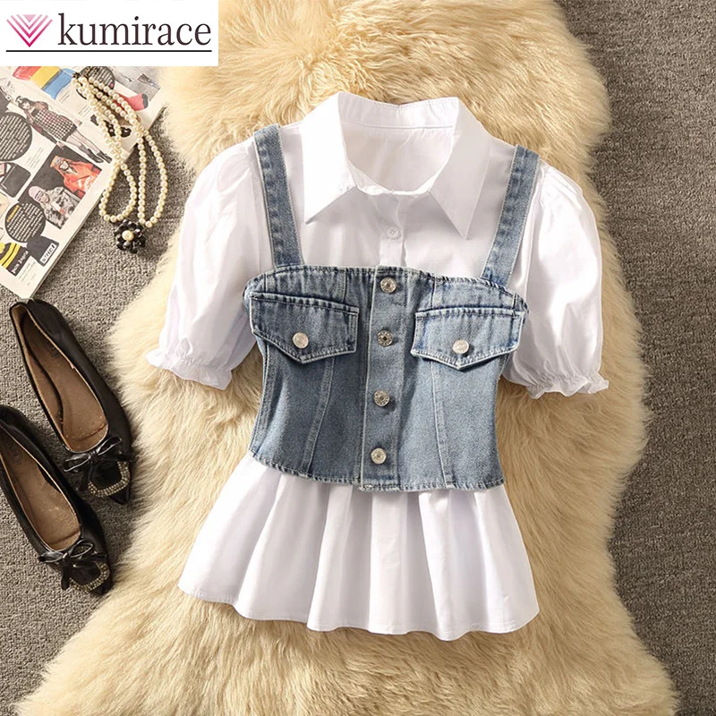 

Bubble Sleeved Shirt Denim Vest Two-piece Set for Women's 2024 New Student Western-style Denim Small Camisole Vest Set Crop Top