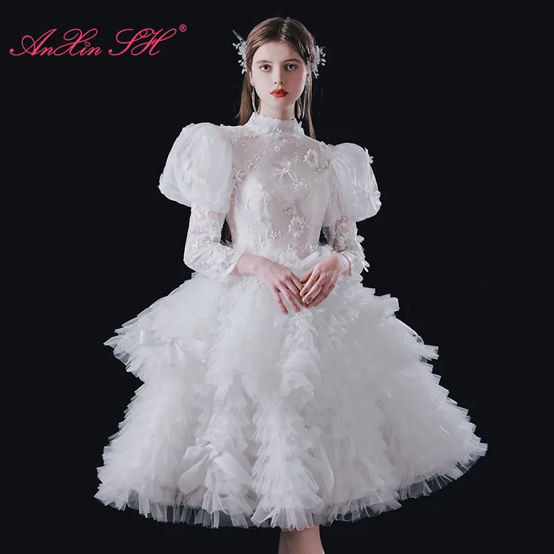 

Белое цветочное кружевное вечернее платье AnXin SH в вечерние ском ретро-стиле с высоким воротом и длинными пышными рукавами для невесты короткое белое платье