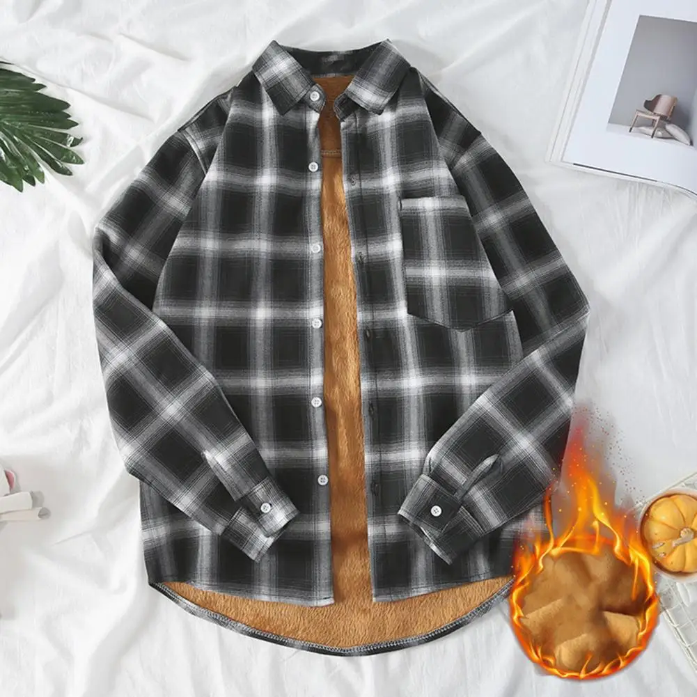 

Men Loose Fit Plaid Shirt Plush Lapel Long Sleeve Men's Cardigan with Plaid Print Color Matching Buttons for Fall Winter Preppy