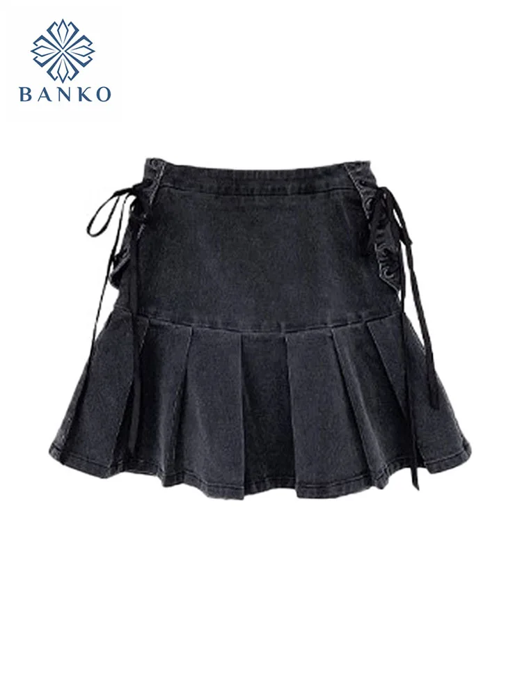 

High Quality Pleated Skirt Black Gothic Clubwear Office Lady Cozy Denim A-Line Skirt Lace Up New Design Gyaru Party Prom Kpop