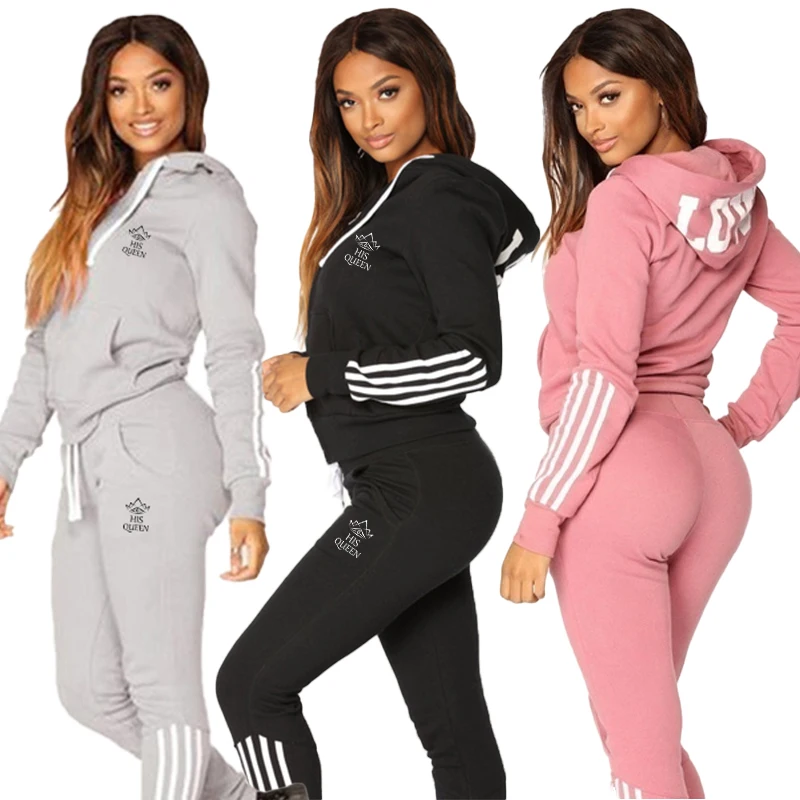 

New Women's Fashion Casual Stripe Long Sleeve Zippered Sportswear Hoodie+Long Pants Jogger Two Piece Set