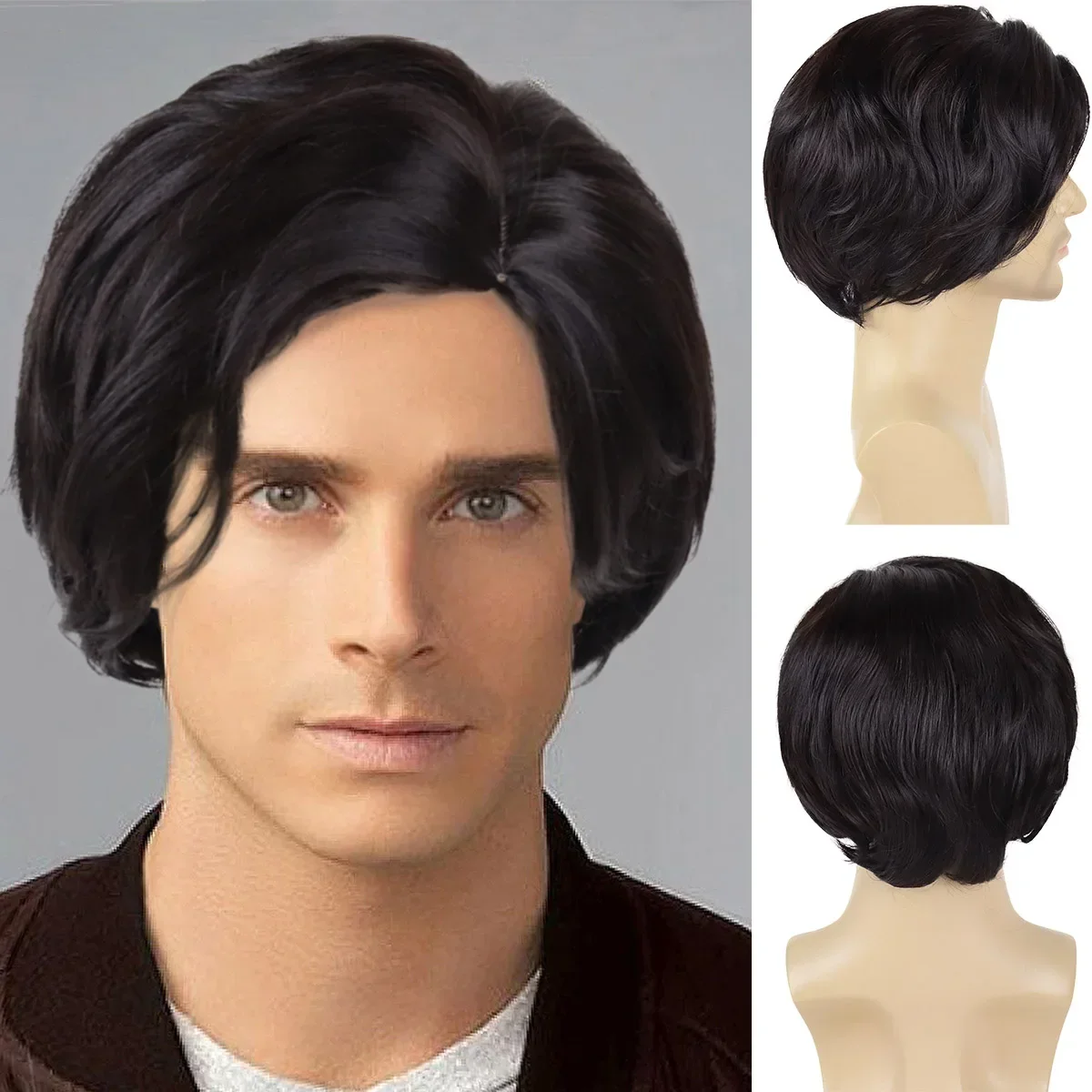 

GNIMEGIL Synthetic Man Wig with Bangs Side Parting Wigs for Men Short Wig Curly Hairstyle Natural Black Hair Daily Use Male Wig