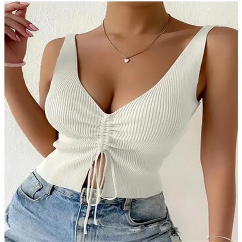 

New Summer Women Drawstring Front Ribbed Knit Tops Femme Sexy V Neck Sleeveless Crop Top Clothes High Stretch Split Cropped Tank