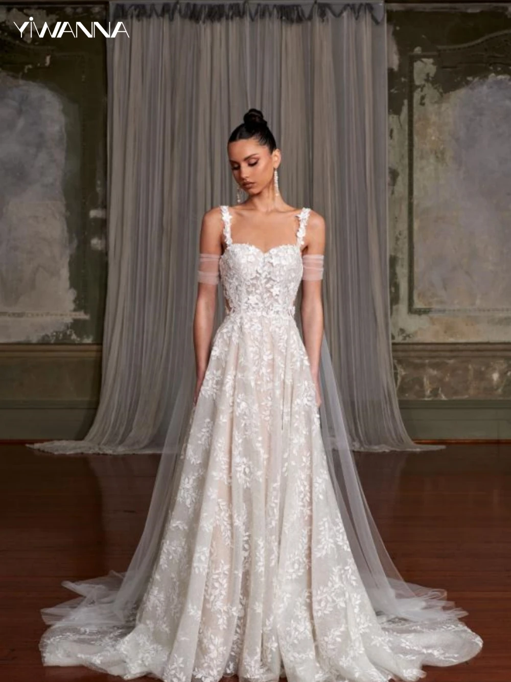 

Элегантное свадебное платье на бретелях-спагетти, классическое кружевное платье с аппликацией для невесты, белое ТРАПЕЦИЕВИДНОЕ длинное свадебное платье, платье для невесты