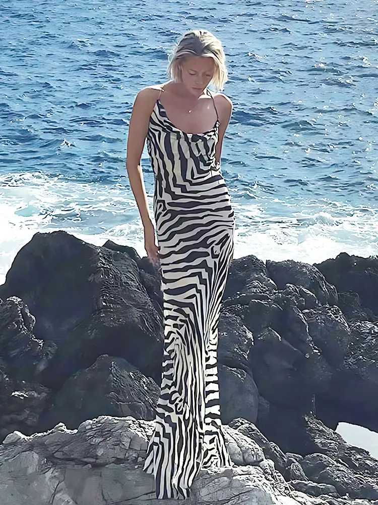 

2024 Sexy Spaghetti Strap Side Split Beach Dress Summer Sundress Women Clothes Elegant Zebra Back Open Club Party Dresses A1144