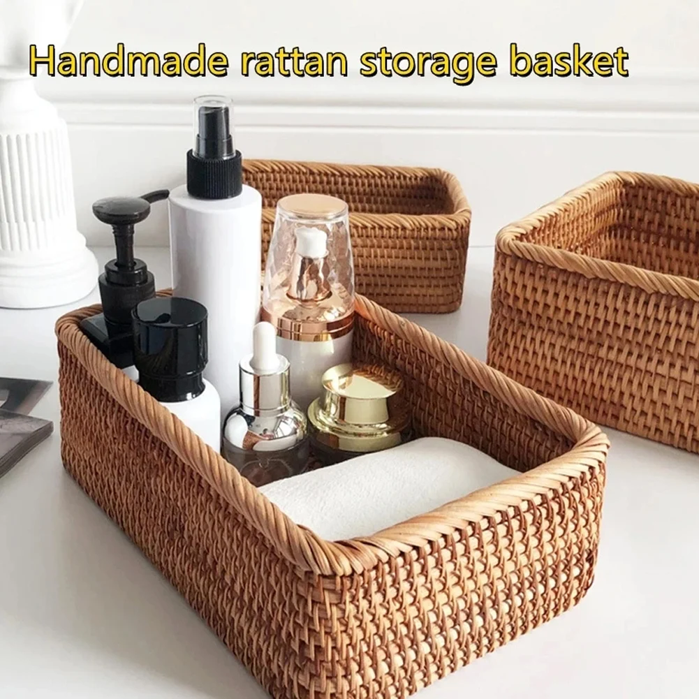 

Handwoven Wicker Storage Basket Rectangular Basket Home Bathroom Organizer Rattan Storage Boxes Desktop Makeup Organizer Box