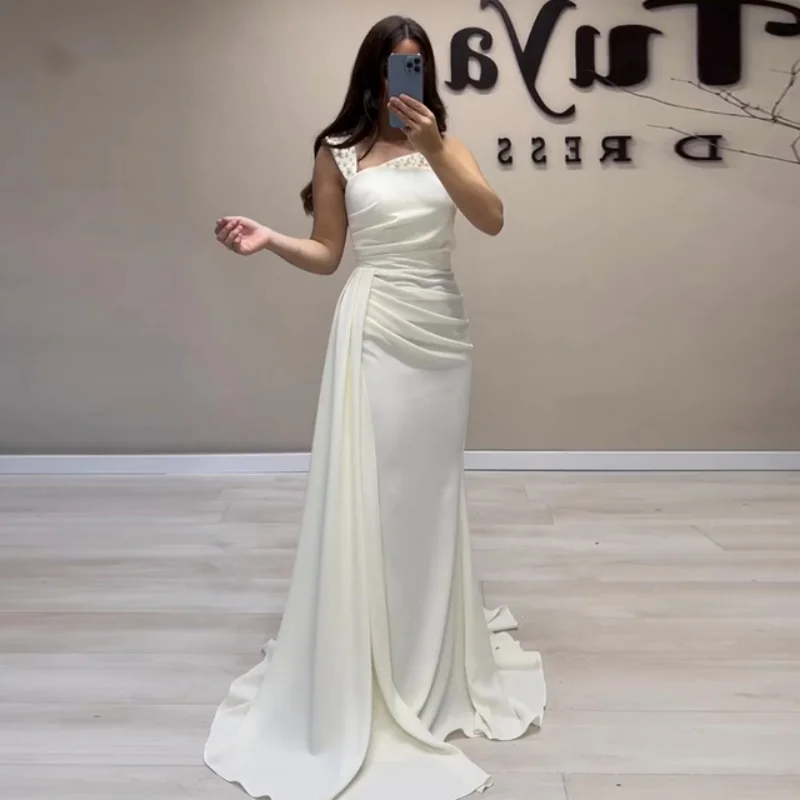 

White Pearl Mermaid Pleated Satin Evening Dresses Sleeveless Dubai Arab Porm Dresses Celebrity Formal Party Gowns For Women