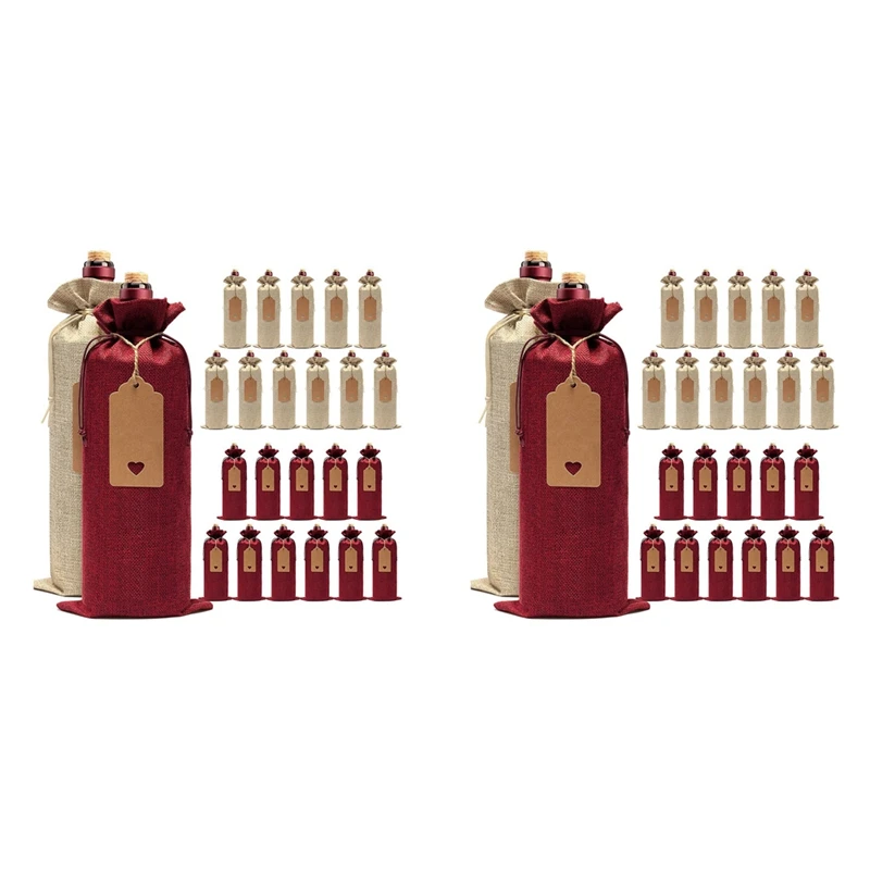 

LJL-48 Pcs Burlap Wine Bags Wine Gift Bags,Wine Bottle Bags With Drawstrings,Tags & Ropes,Reusable Wine Bottle Covers