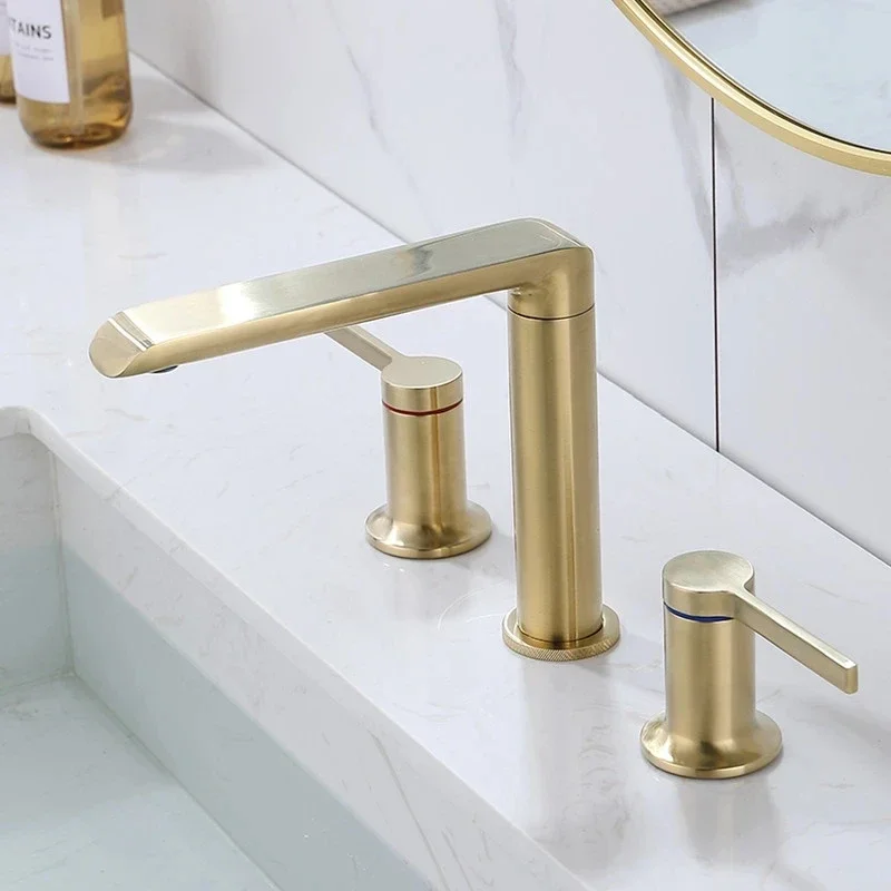 

Brushed Gold Bathroom Widespread Bathroom Faucets Brass Basin Faucet Hot & Cold Sink Tap Lavatory Crane Vessel 2 Handle 3 Hole
